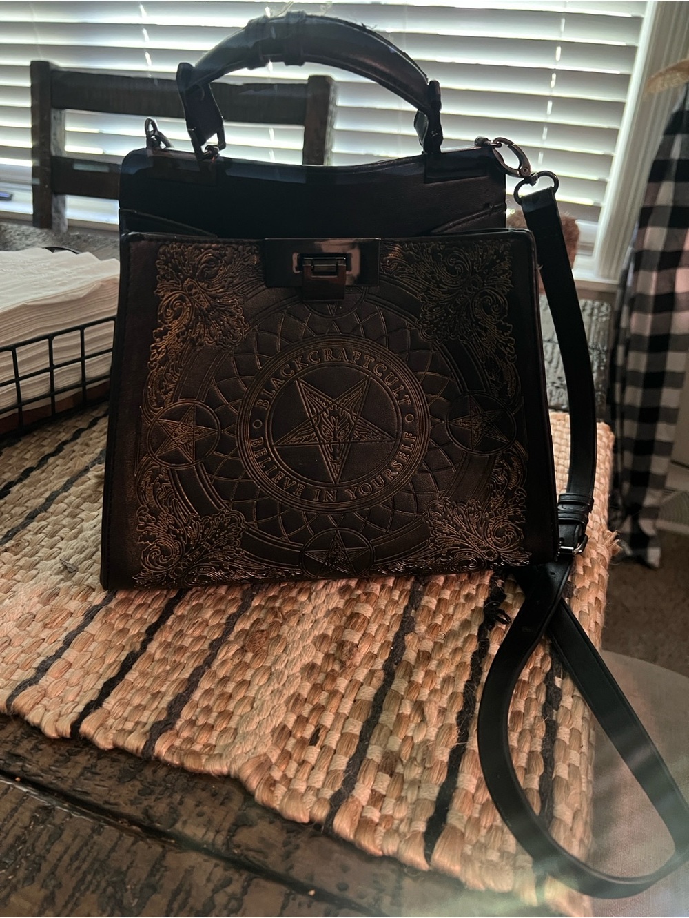 Black Embossed Leather Top-Handle Satchel with Detachable Strap